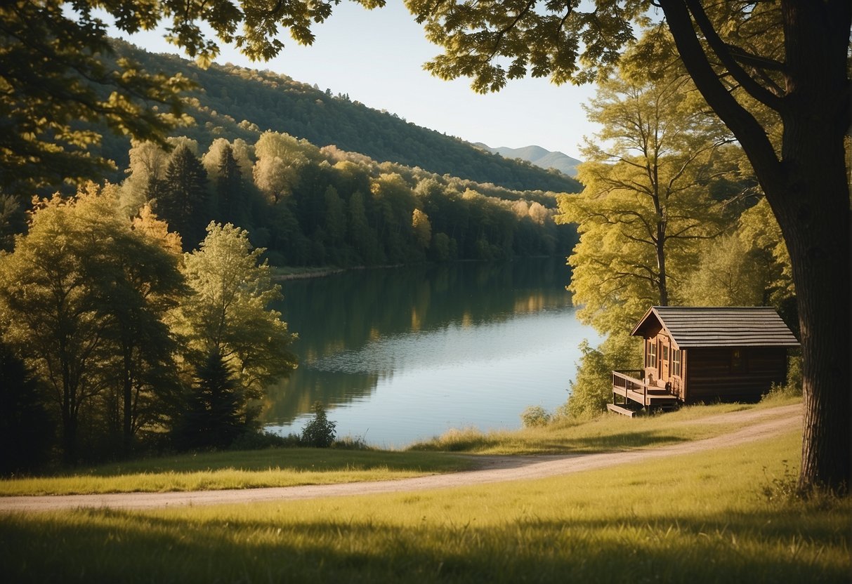 A serene countryside with rolling hills and a picturesque lake, surrounded by lush greenery and towering trees. A perfect spot for a tiny house