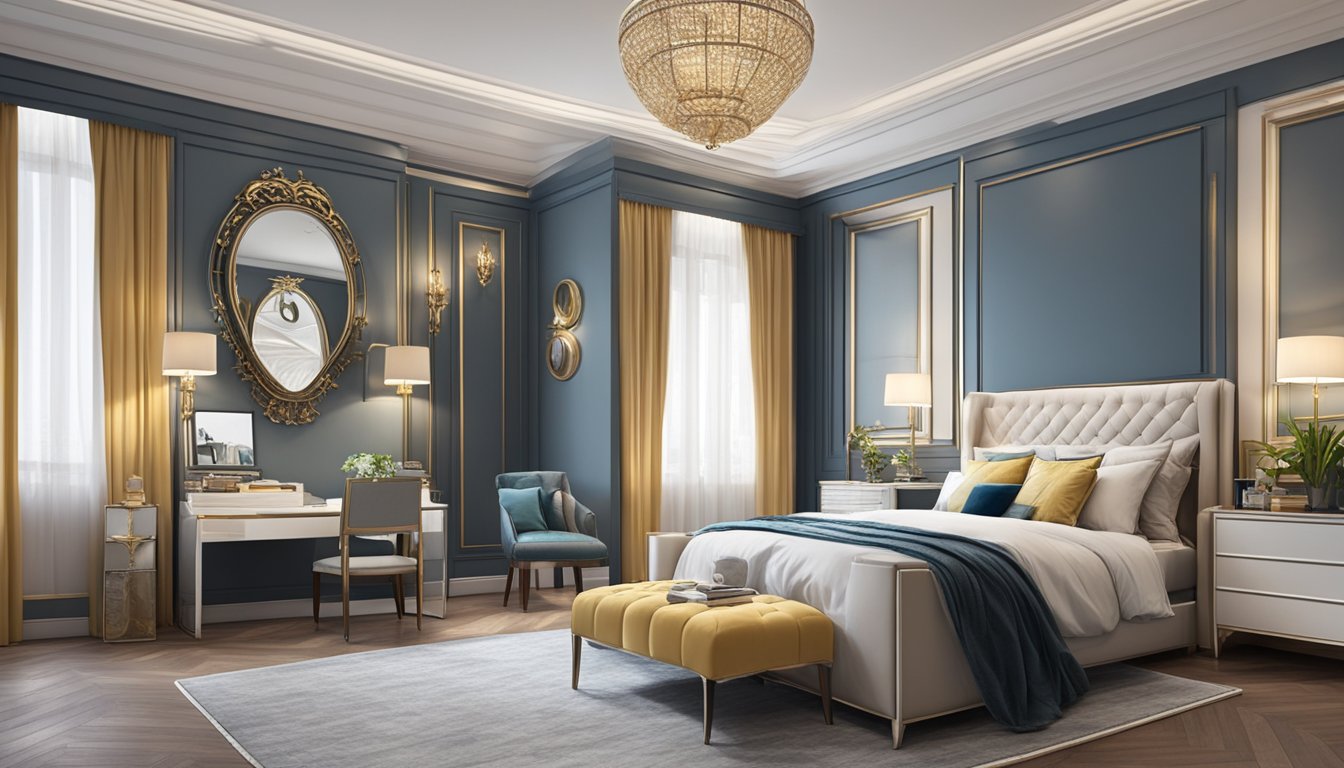 A spacious bedroom with a luxurious king-size bed, adorned with plush pillows and a soft duvet. The bed measures 183 cm in width and 203 cm in length, providing ample space for a comfortable night's sleep