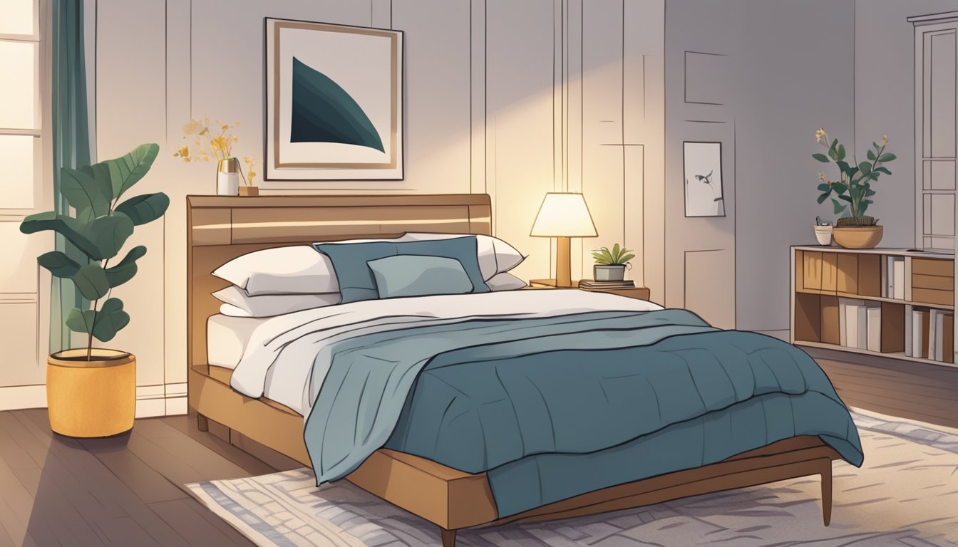 A cozy bedroom with a plush Slumberland mattress, a stack of pillows, and a nightstand with a lamp. A "Frequently Asked Questions" pamphlet is placed on the nightstand