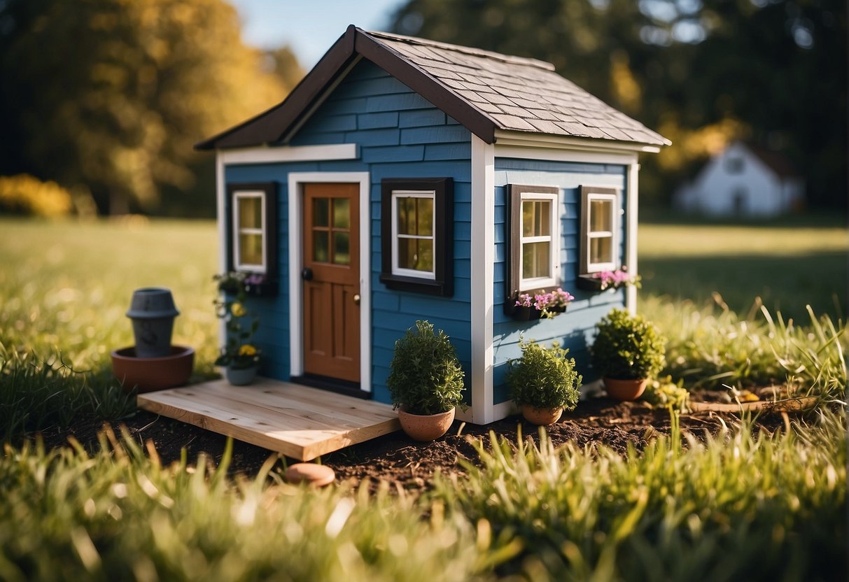 A tiny house sits on a grassy lot with a clear blue sky above. A sign reads "Frequently Asked Questions: How much is a tiny house from Tiny House Nation."