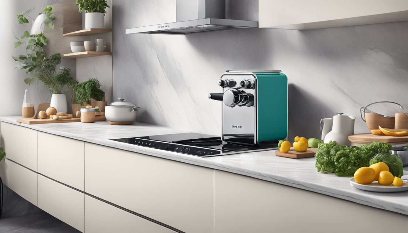 A sleek Smeg Singapore kitchen appliance sits on a clean, marble countertop, surrounded by modern cookware and fresh ingredients
