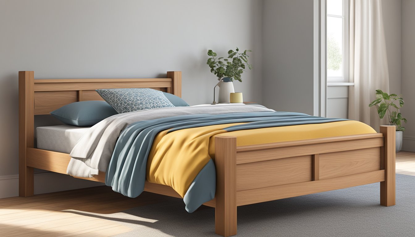 A single bed frame sits against a plain wall, with a simple headboard and footboard. The frame is made of sturdy wood or metal, and the mattress is neatly made up with clean, crisp linens