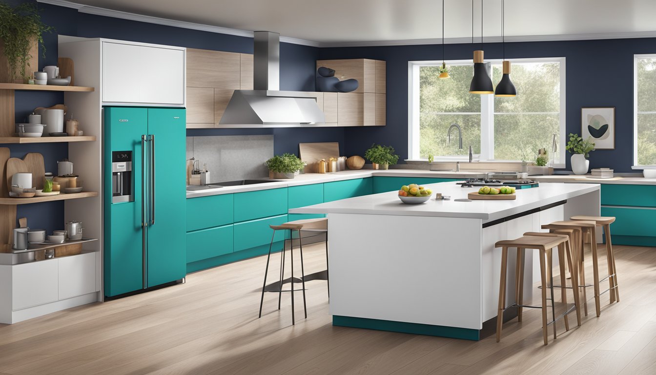 A modern kitchen with sleek Smeg appliances, clean lines, and vibrant colors, showcasing the brand's aesthetic and functional excellence