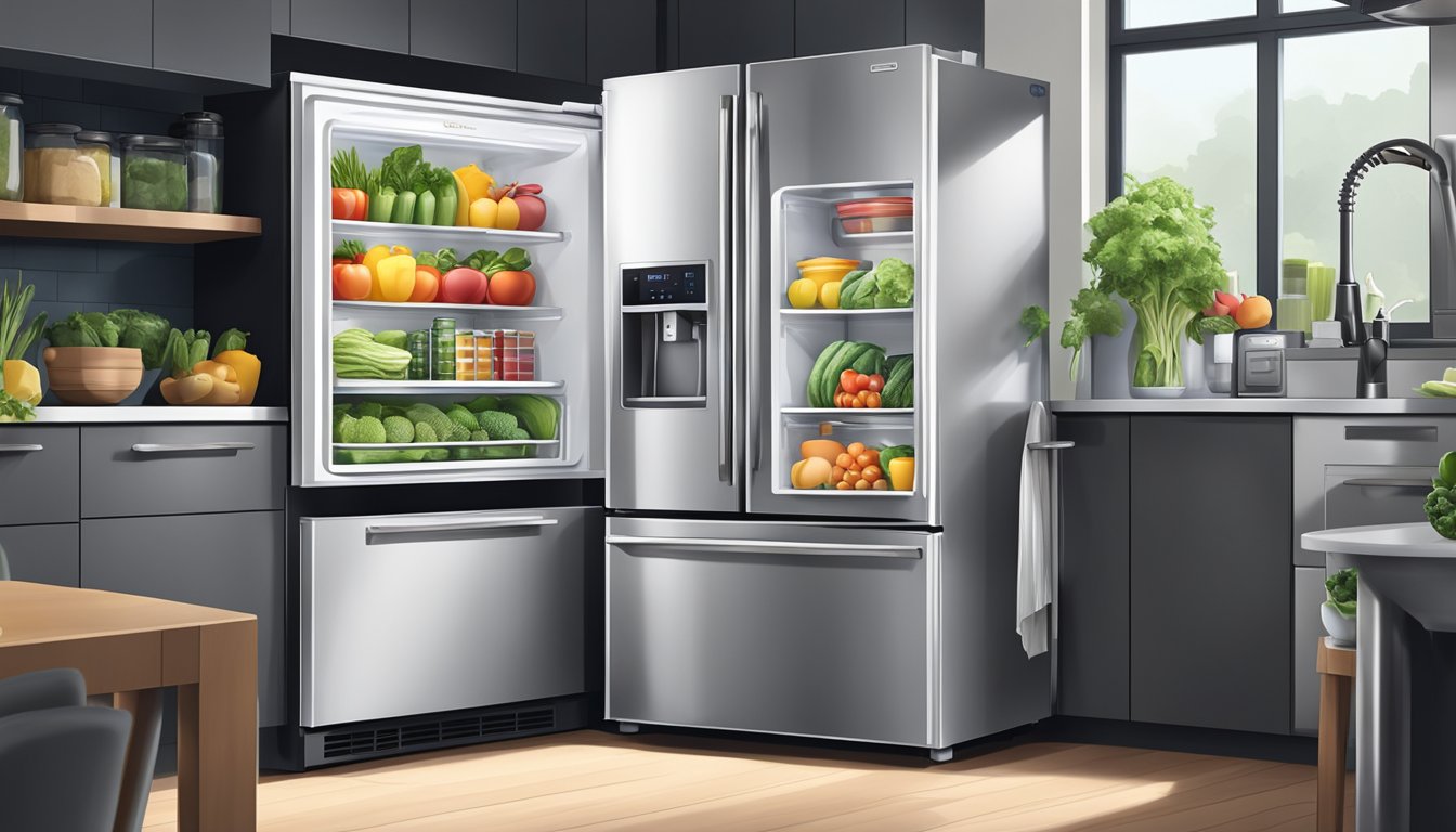 A sleek, stainless steel fridge stands in a modern kitchen, filled with fresh produce and neatly organized food items