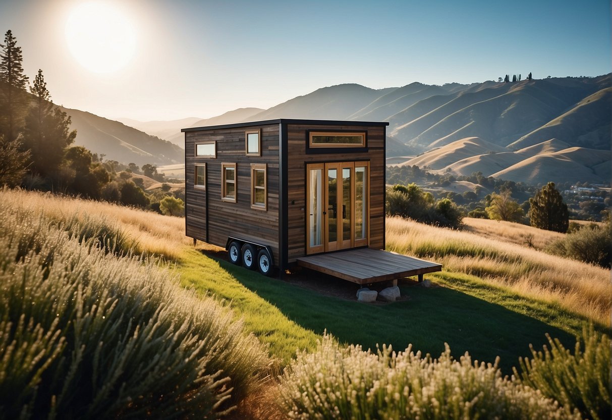 A tiny house sits in a sunny California landscape, surrounded by rolling hills and lush greenery, with a clear blue sky overhead