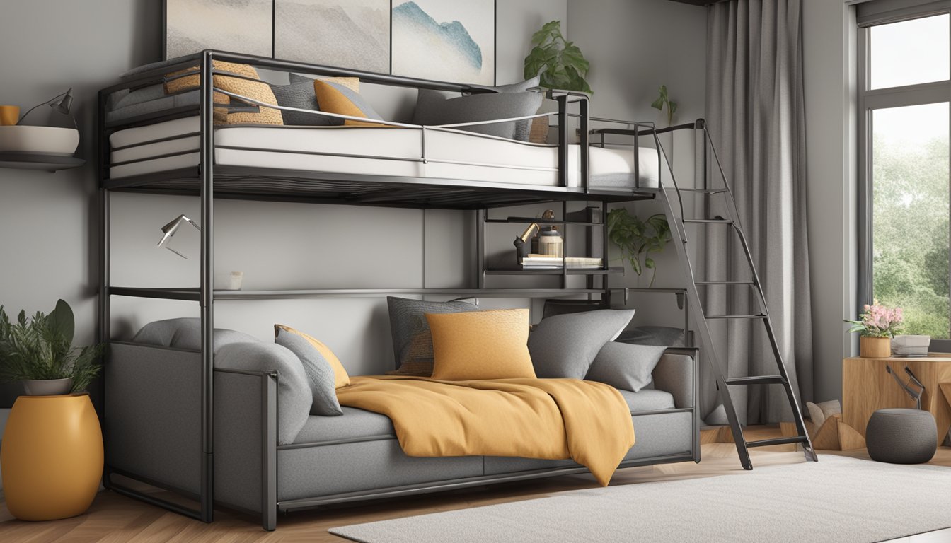 Two loft beds with modern design, sleek metal frames, and built-in storage underneath. A ladder leads to the top bunk, and the beds are adorned with cozy bedding and throw pillows