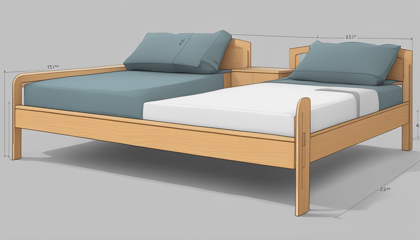 A single bed frame sits against a wall, measuring 39 inches wide and 75 inches long. It is made of sturdy wood and has a simple, modern design