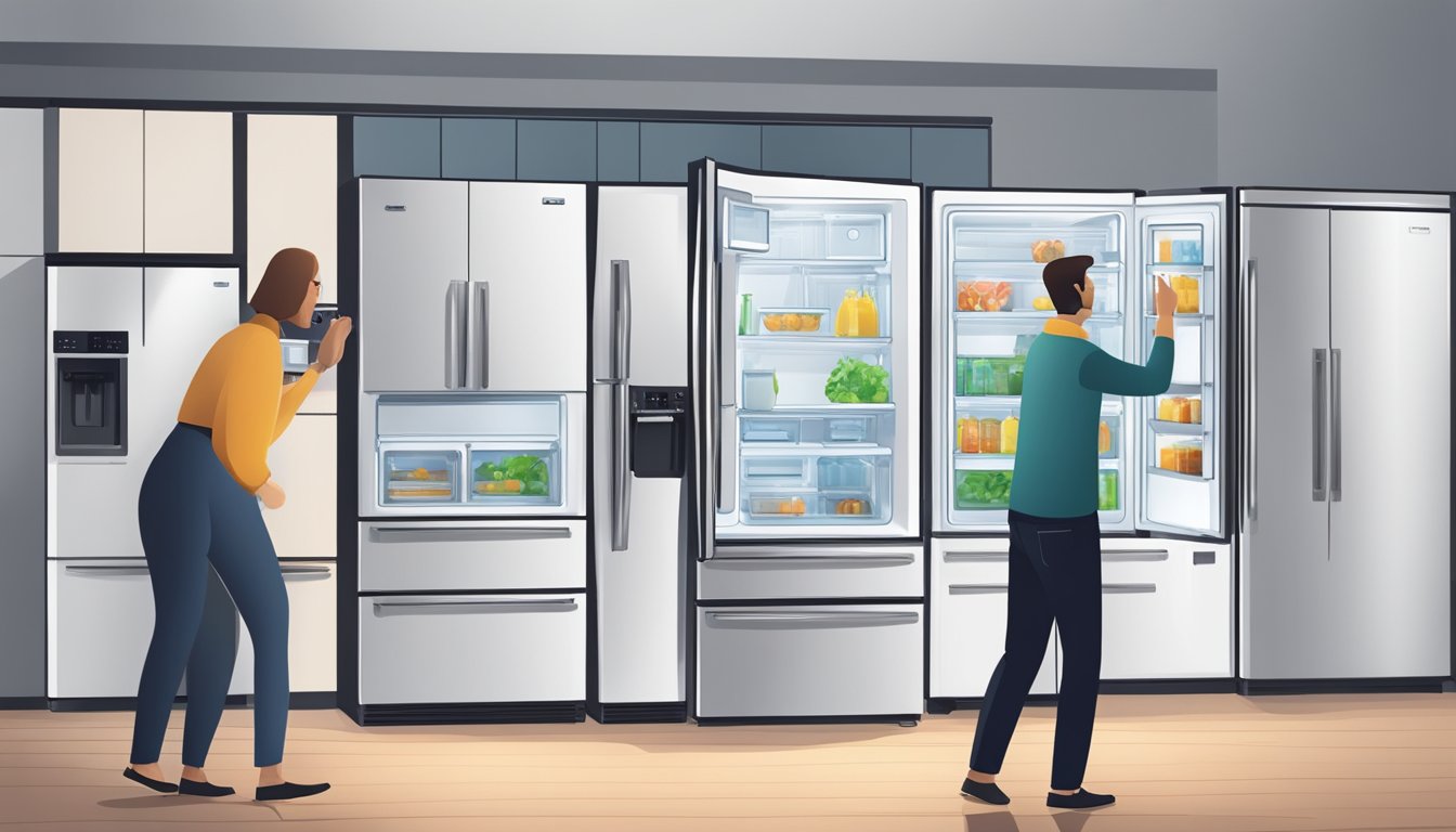 A person comparing different fridges in a showroom, carefully examining each feature and design to find the perfect fit for their home