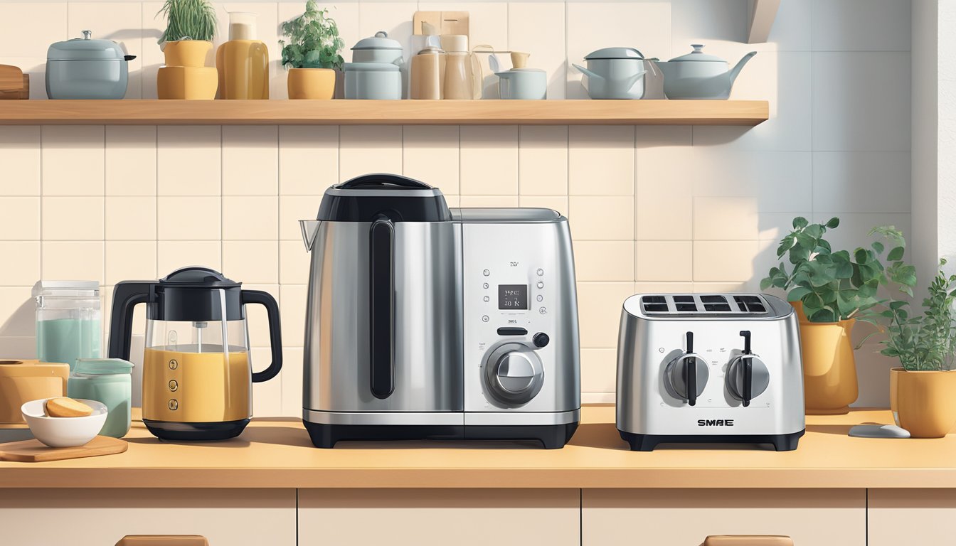 A kitchen countertop with various Smeg appliances neatly arranged, including a toaster, kettle, and blender. Bright, natural light streams in from a nearby window, casting a warm glow over the scene