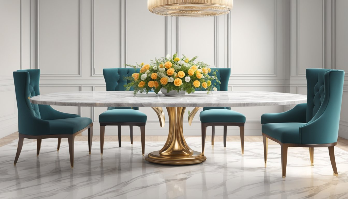 A marble dining table with a polished surface and elegant, curved legs sits in a well-lit room with a vase of fresh flowers as a centerpiece