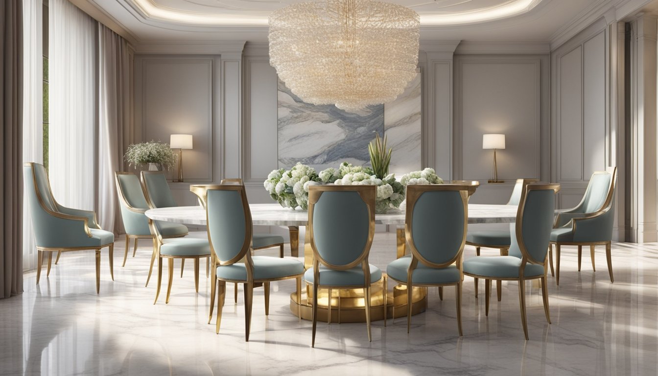 A marble dining table sits in a spacious, well-lit room, surrounded by elegant chairs. The table's smooth, veined surface reflects the light, creating a luxurious and inviting atmosphere