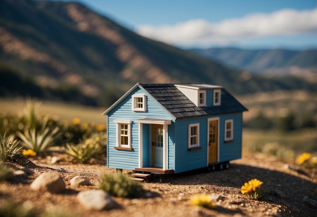 A tiny house sits on a California landscape, surrounded by rolling hills and blue skies. A price tag hovers above, indicating the cost of the tiny house