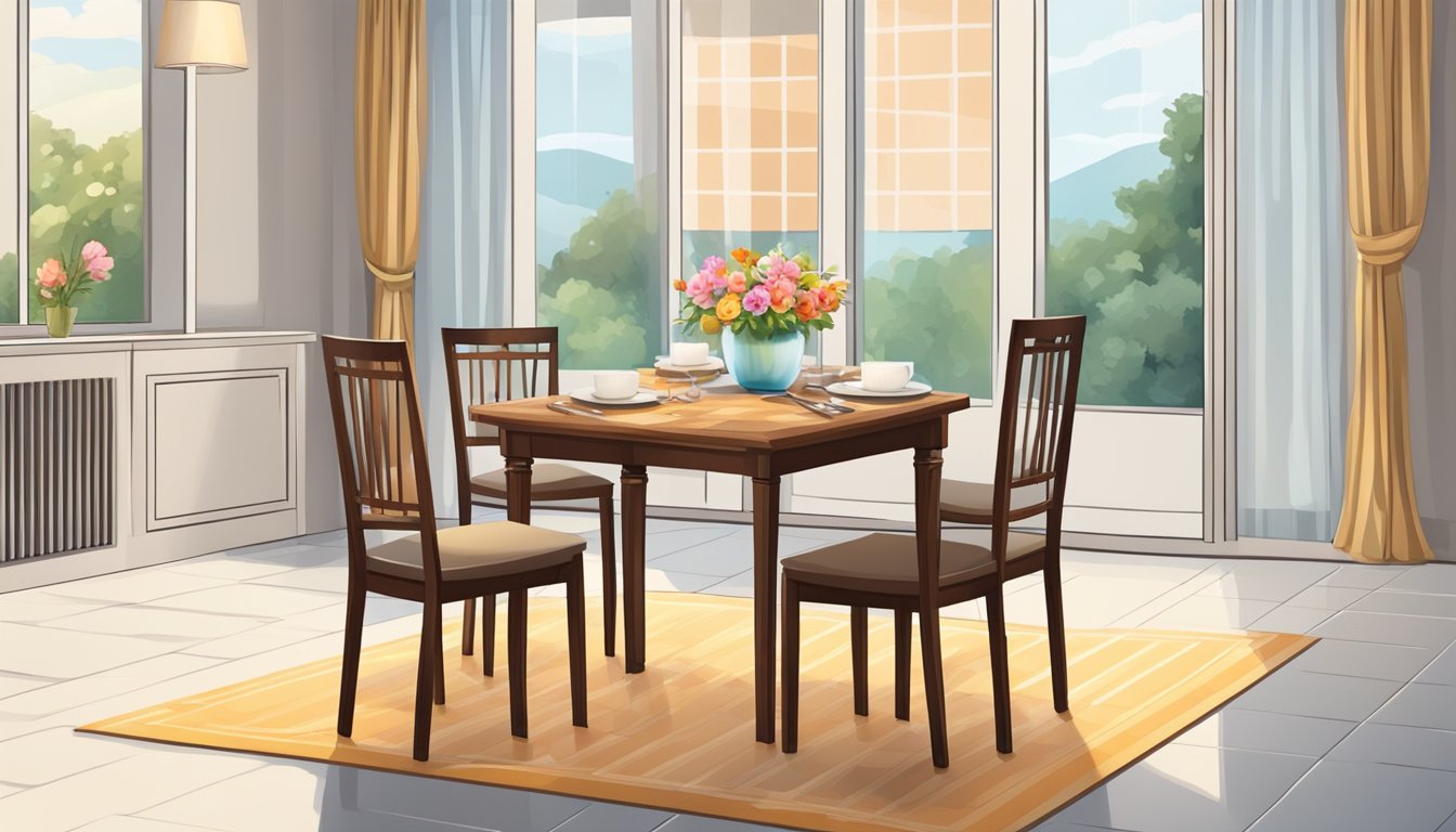 A small dining table for 2 with a checkered tablecloth, two chairs, a vase of flowers, and a lit candle in the center