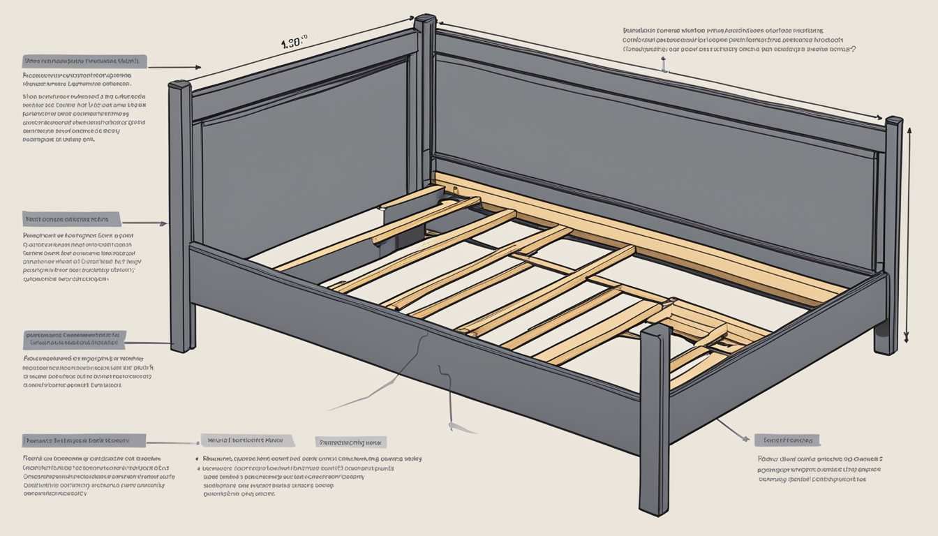 A single bed frame with dimensions labeled "Frequently Asked Questions" displayed prominently