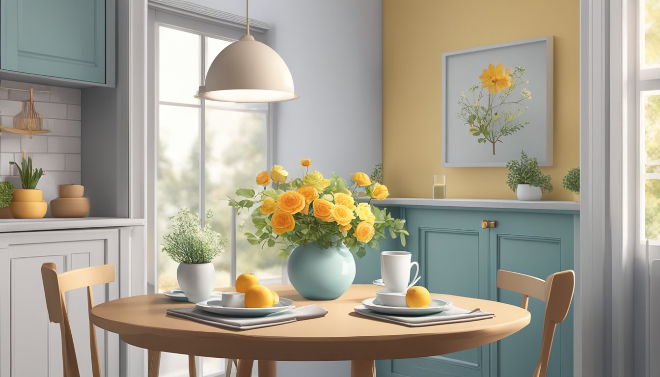 A cozy corner with a small, round dining table for two, set with simple place settings and a vase of fresh flowers