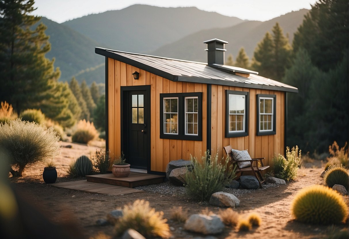 A tiny house nestled in a California landscape, surrounded by nature and with a view of the mountains