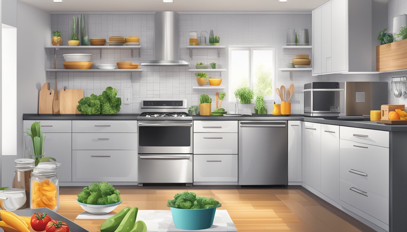 A modern kitchen with a sleek, stainless steel refrigerator prominently displayed, surrounded by various food items and kitchen utensils