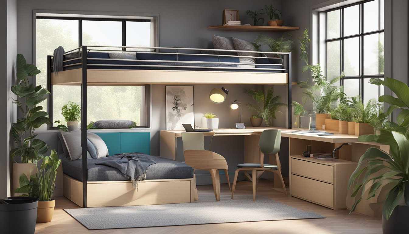 A modern loft bed with sleek design and integrated storage, surrounded by plants and natural light