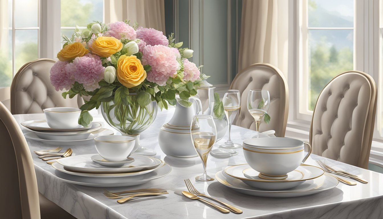 A marble dining table set with elegant dinnerware and a centerpiece of fresh flowers, bathed in natural light from a nearby window