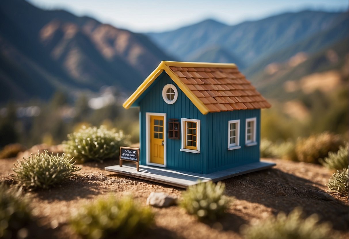A tiny house nestled in a California landscape, with a price tag displayed prominently