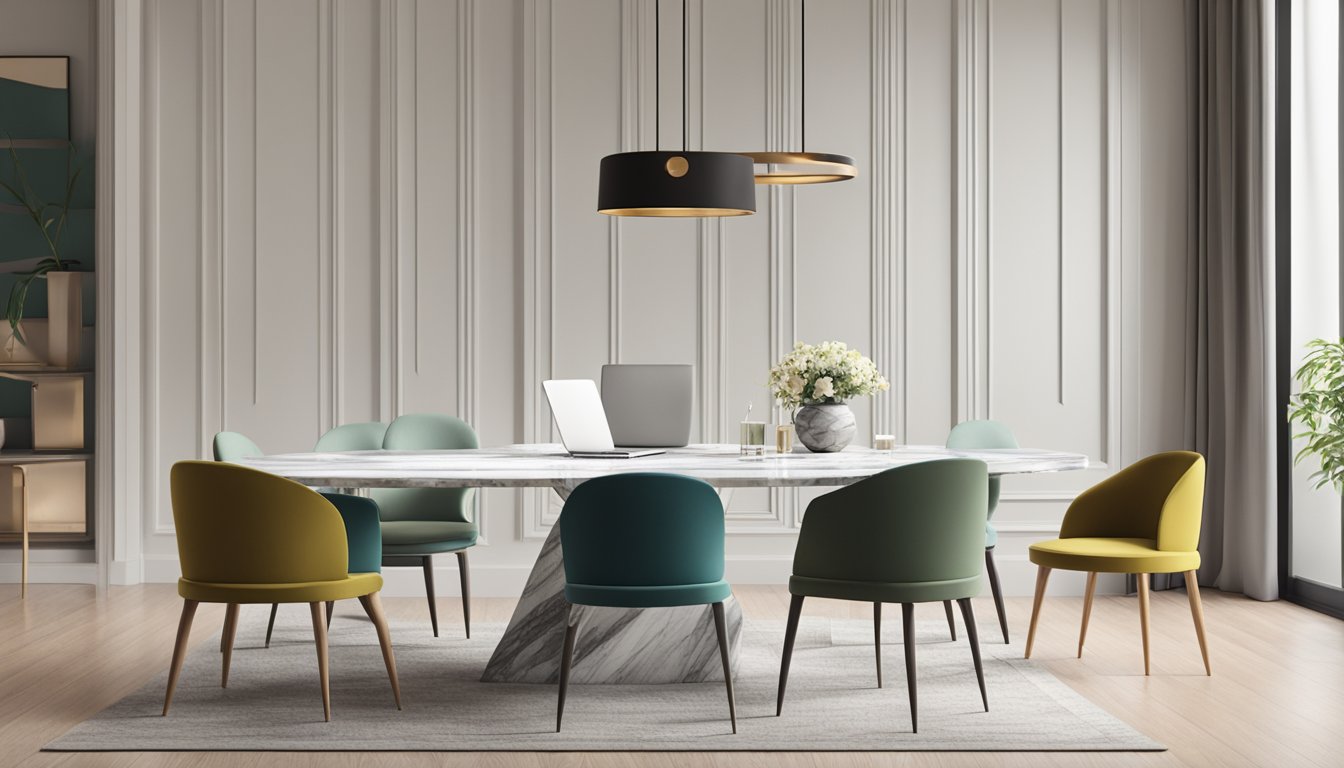 A marble dining table with a stack of papers, a pen, and a laptop on top, surrounded by modern chairs