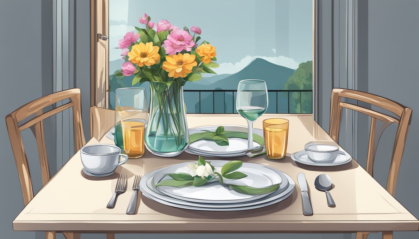 A small dining table set for 2 with neatly arranged cutlery, plates, and glasses. A vase of flowers sits in the center, adding a touch of elegance to the scene
