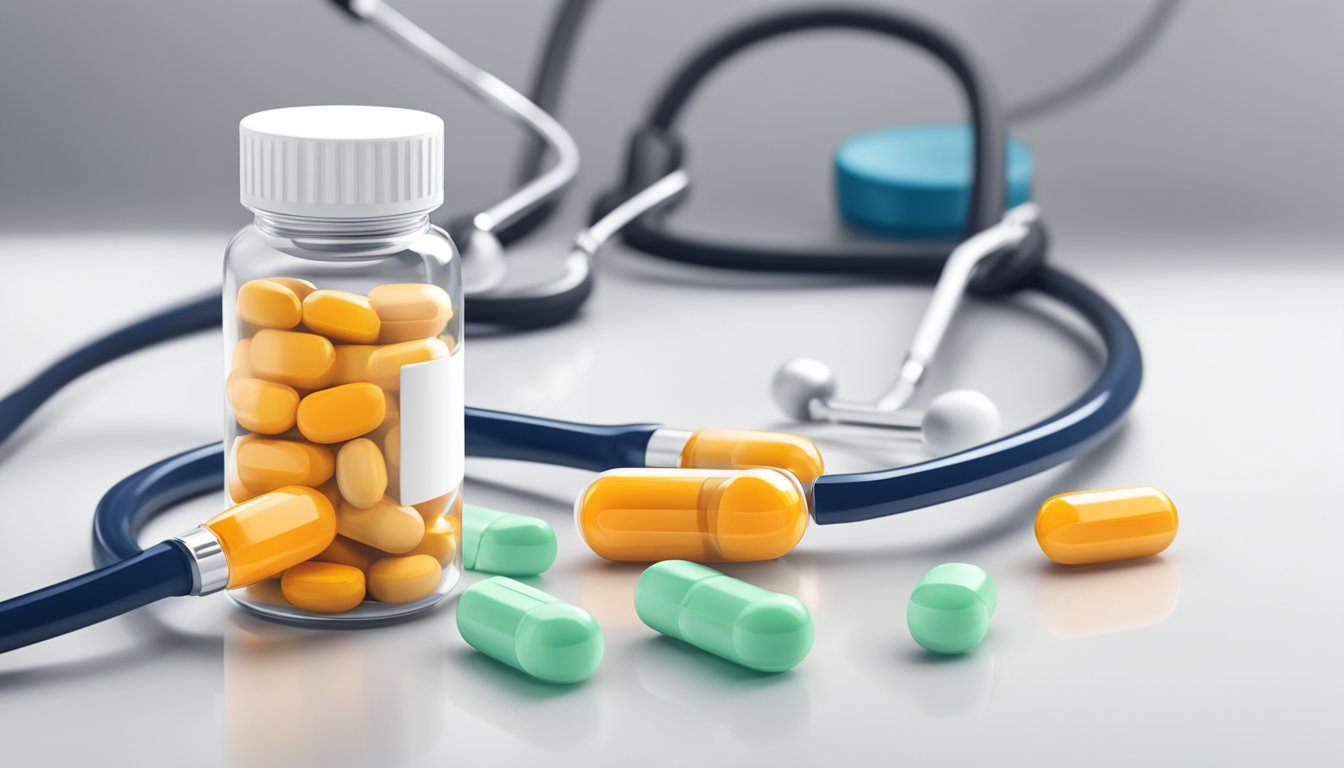 A bottle of azithromycin pills on a white countertop, with a stethoscope draped next to it