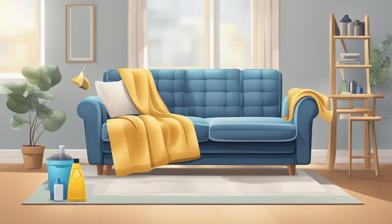 A fabric sofa is being vacuumed and spot-treated with a cleaning solution, followed by gentle scrubbing and blotting with a clean cloth