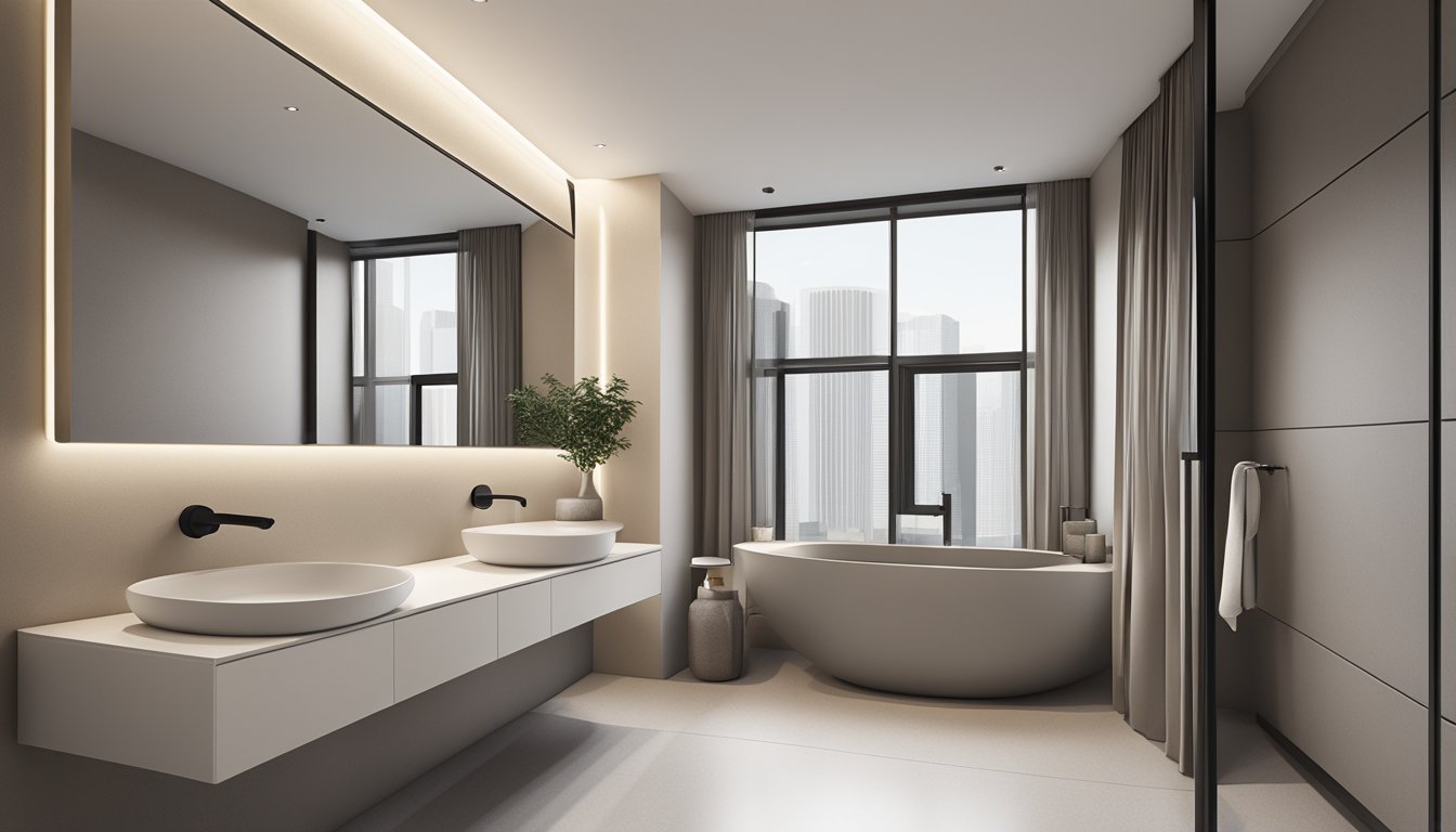 A sleek, minimalist HDB toilet with a wall-mounted toilet bowl, floating vanity, and large mirror. The color scheme is neutral with a touch of modernity