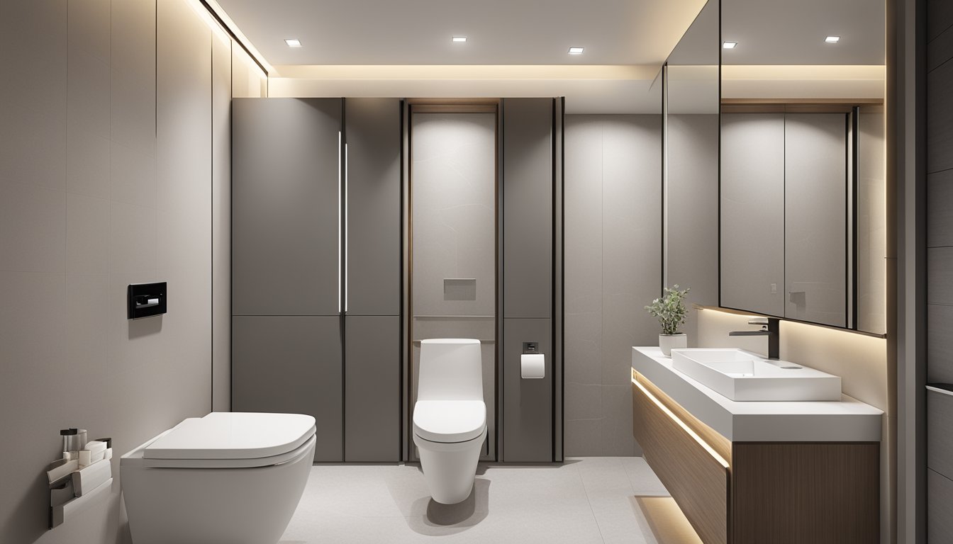 A modern HDB toilet with sleek fixtures, neutral color palette, and space-saving storage solutions