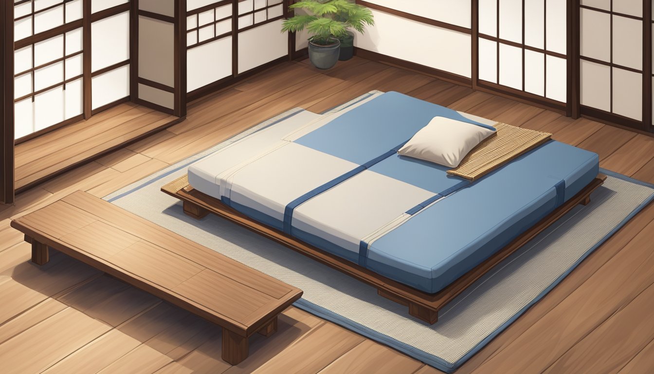 A tatami mattress lies on a wooden floor, surrounded by traditional Japanese decor