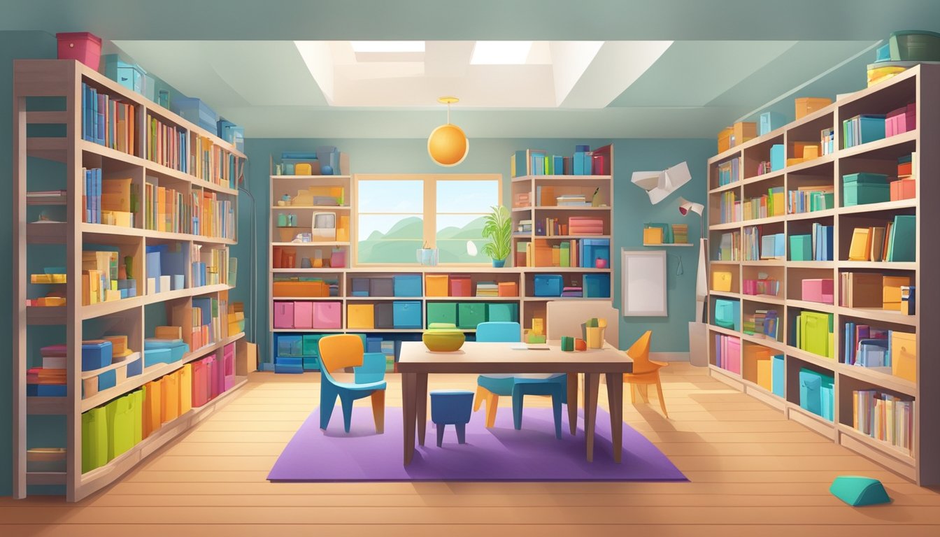 A room with shelves, cabinets, and drawers filled with various items, such as books, toys, and household supplies, showcasing the concept of multipurpose storage