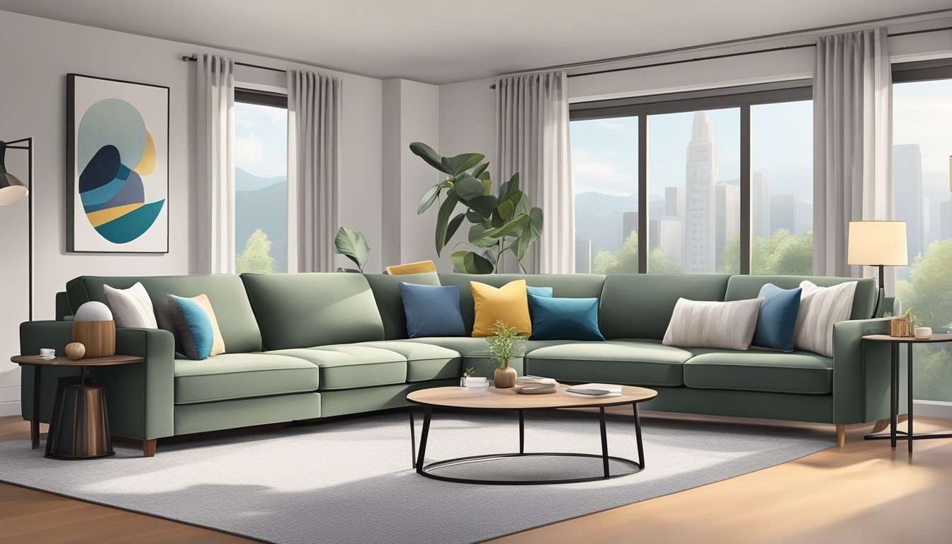 A modern, sleek 4-seater couch with plush cushions and clean lines, set against a backdrop of a spacious, well-lit living room