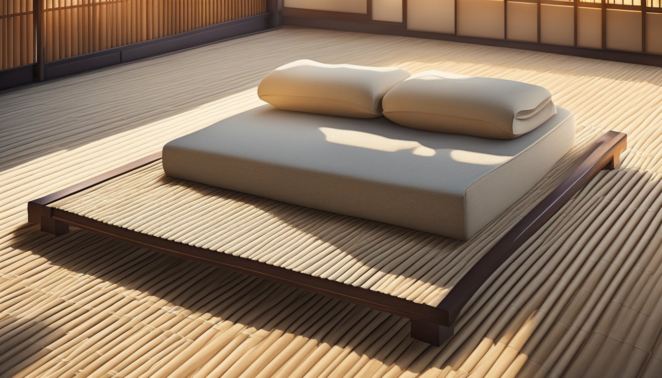 A tatami mattress lies on a traditional Japanese tatami mat, its woven straw surface adding texture. Sunlight filters through a shoji screen, casting soft shadows on the floor
