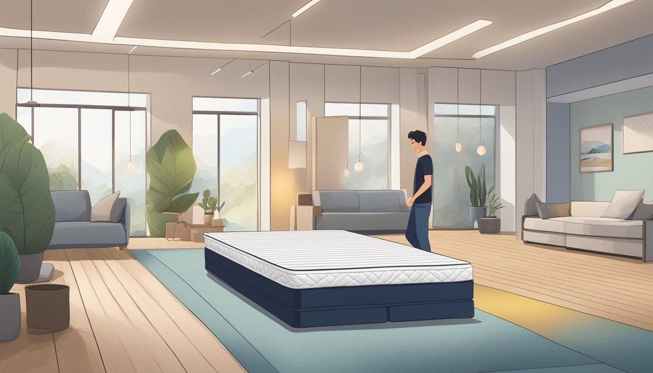 A person is choosing the right tatami mattress from a selection of options in a well-lit showroom