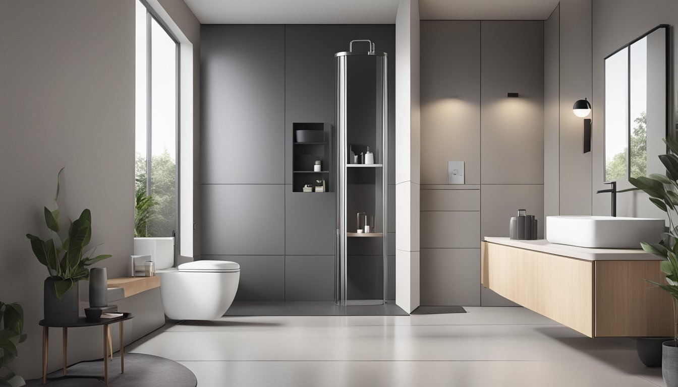 A sleek, minimalist toilet with modern fixtures and smart solutions. Clean lines, neutral colors, and high-quality materials create a contemporary and functional space