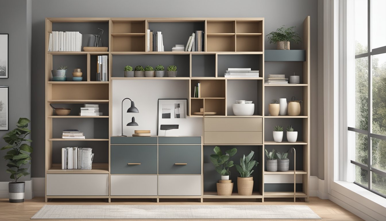 A sleek, modern storage unit with adjustable shelves and compartments to accommodate various items. Clean lines and a neutral color palette create a versatile and functional piece