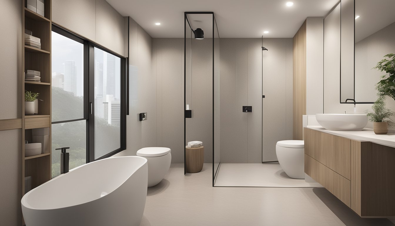A sleek, minimalist HDB toilet with clean lines, modern fixtures, and ample storage. The design incorporates neutral colors and natural lighting for a contemporary and spacious feel