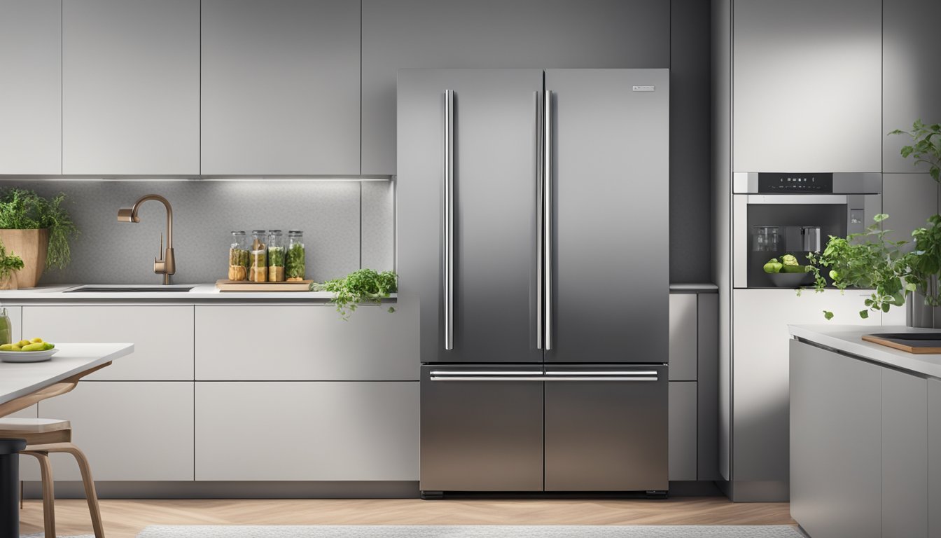A sleek 3-door refrigerator stands in a modern kitchen, with stainless steel finish and digital display