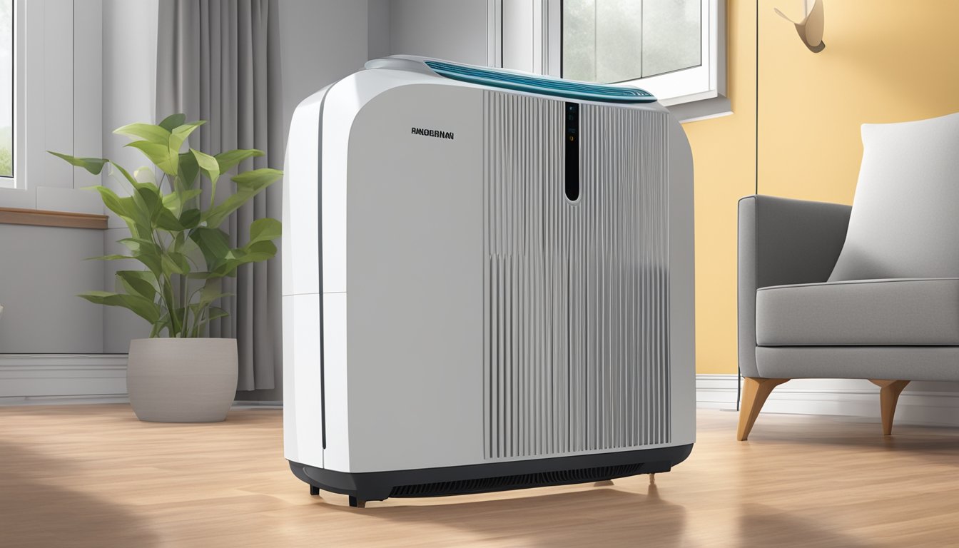 A dehumidifier sits in a Singaporean home, pulling moisture from the air. The machine hums softly as it works to create a more comfortable environment