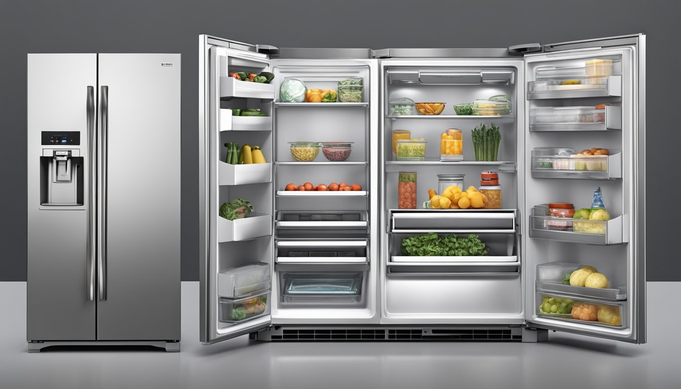 A 3-door refrigerator stands tall, with sleek stainless steel finish. The left and right doors open to reveal spacious compartments, while the middle door features a digital display and control panel