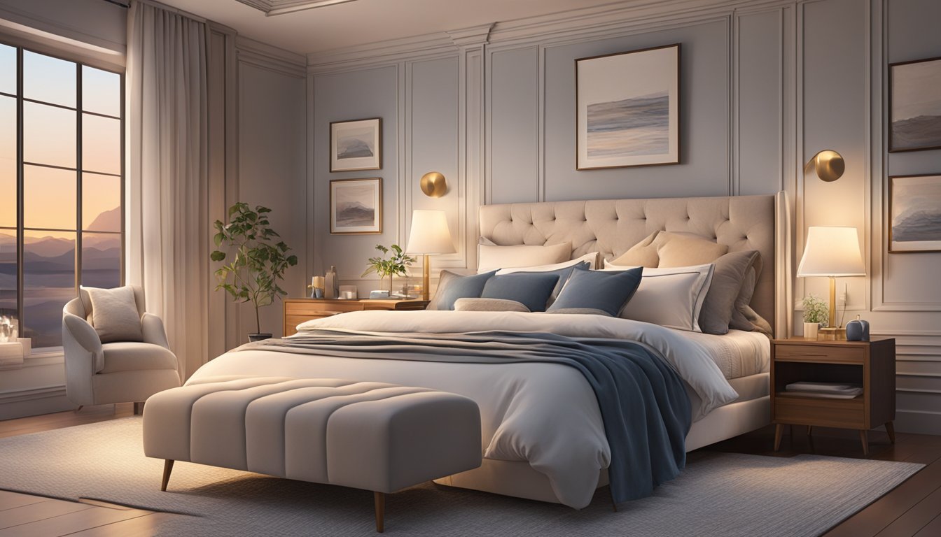 A cozy bedroom with a Sleepy Night mattress as the focal point. Soft, ambient lighting creates a relaxing atmosphere. The mattress is adorned with plush pillows and a luxurious duvet, inviting the viewer to sink into a peaceful slumber