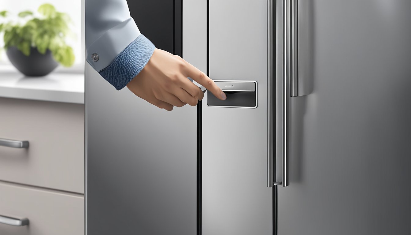 A hand reaches for the sleek stainless steel handle of the Model 3 door refrigerator in a modern kitchen setting