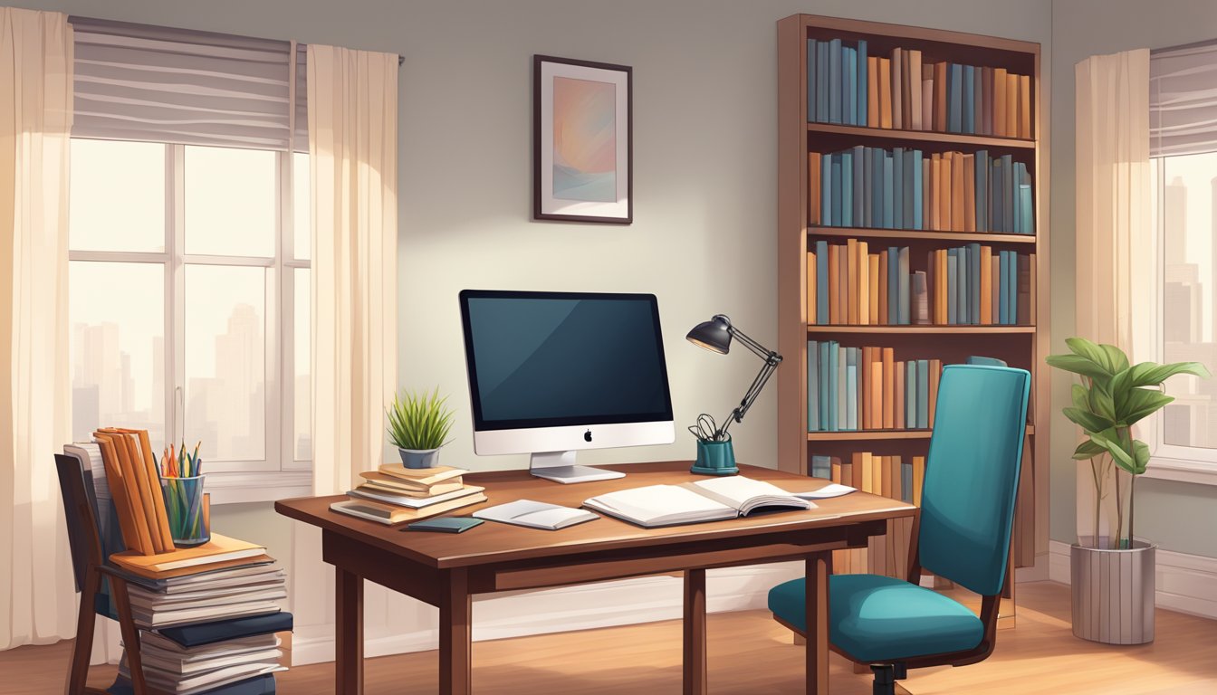 A 60-inch study table with a clean, smooth surface, accompanied by a comfortable chair, and surrounded by books, notebooks, and a desk lamp