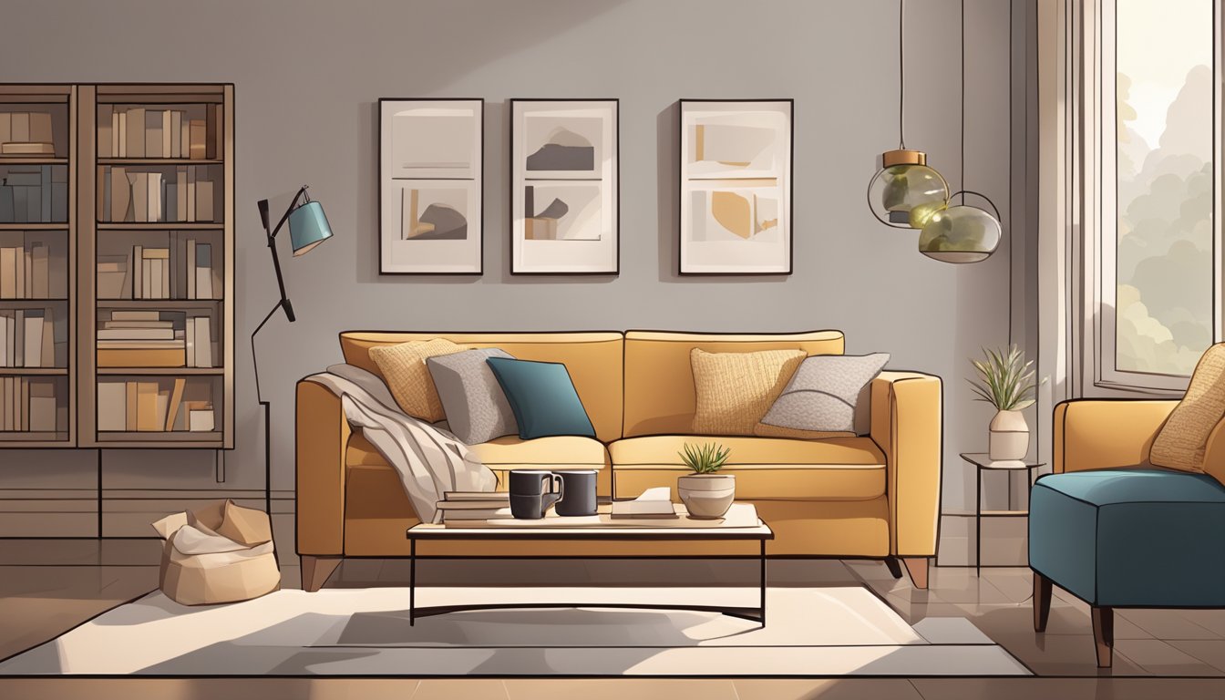 A cozy living room with a modern 4-seater couch, adorned with throw pillows and a soft blanket. A coffee table sits in front, with a stack of books and a warm cup of tea