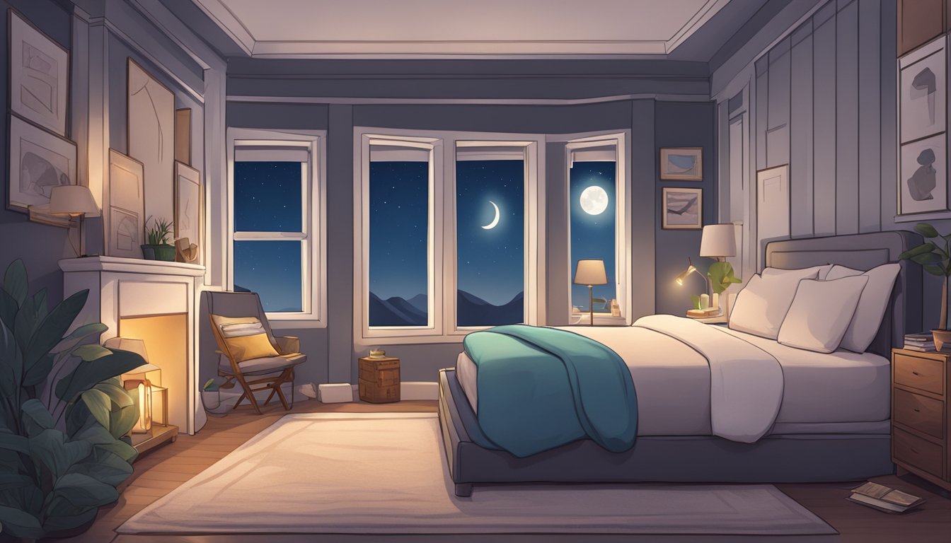 A cozy bedroom with a moonlit window, a plush mattress, and a stack of FAQ cards