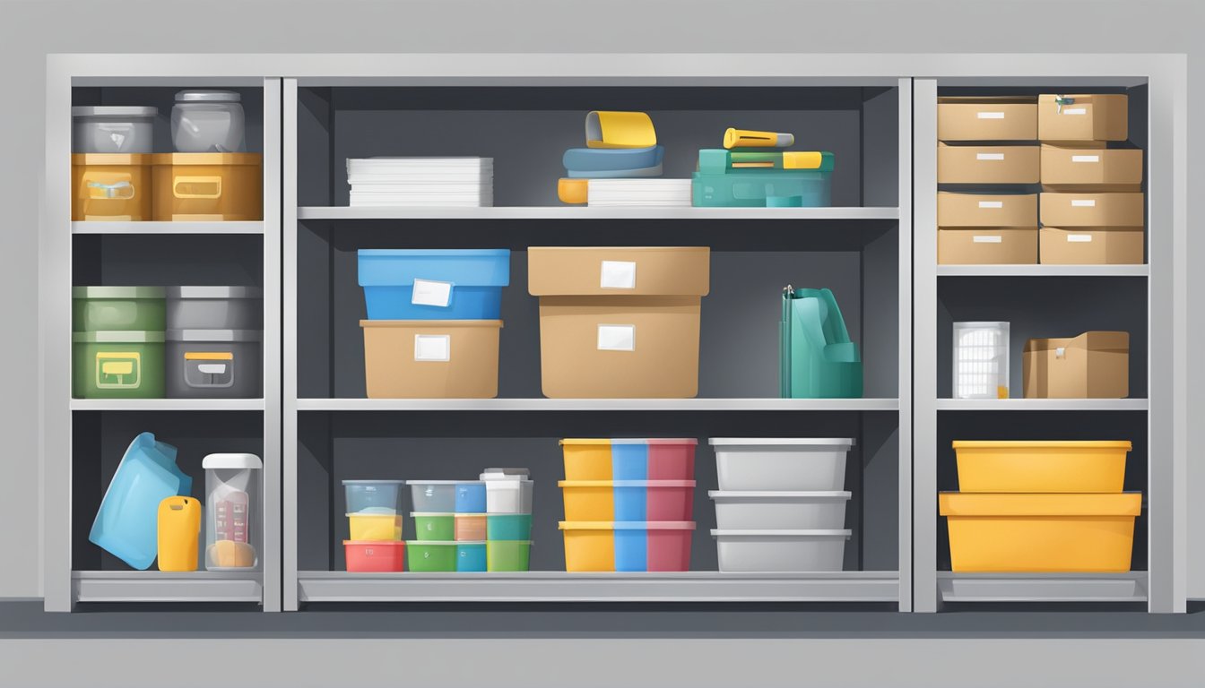 A neatly organized storage unit with labeled compartments and various items neatly arranged inside