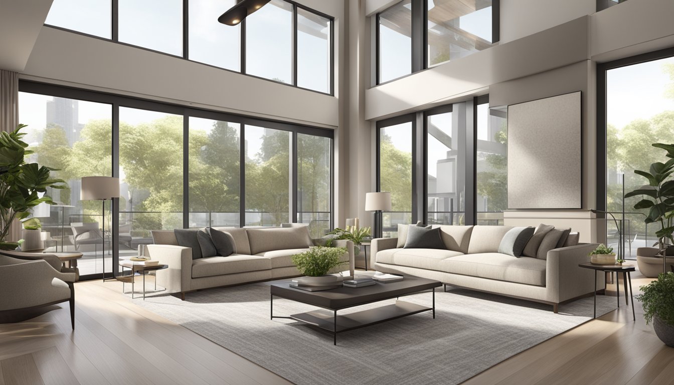 A modern condo showroom with sleek furniture and neutral color palette. Large windows flood the space with natural light