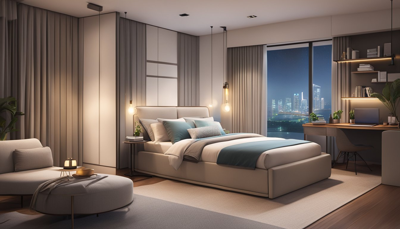 A spacious super single bed in a modern Singapore bedroom, with clean white sheets and a cozy comforter, surrounded by sleek furniture and soft lighting