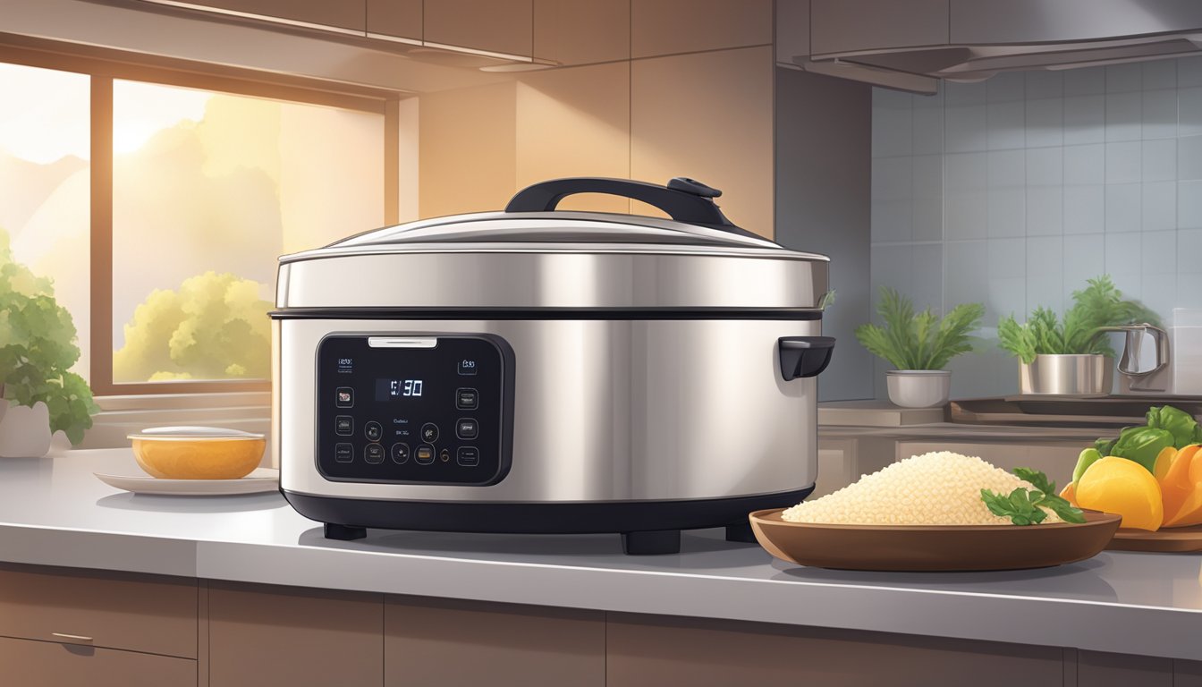 A modern kitchen with a sleek, stainless steel rice cooker on the countertop, emitting steam as it cooks. The warm, inviting glow of the cooker's display panel adds a touch of coziness to the scene